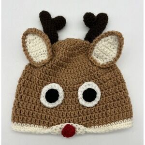 Handmade Crochet Rudolph The Red Nose Reindeer Winter Hat Beanie Antlers‎